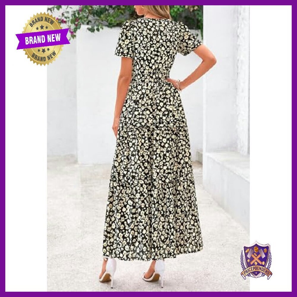 Boho Maxi Dress with Pockets, V-Neck, Tiered Flowy Summer Beach Dress - Picture 3 of 8